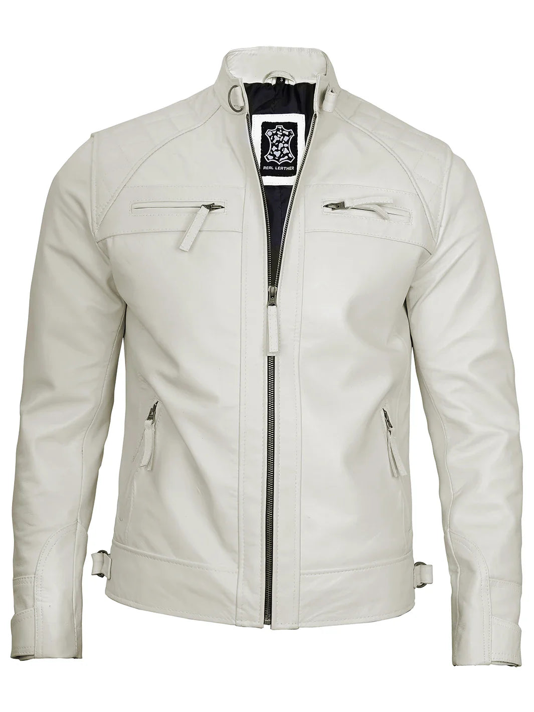 Veste blanc cassé en cuir véritable pour homme