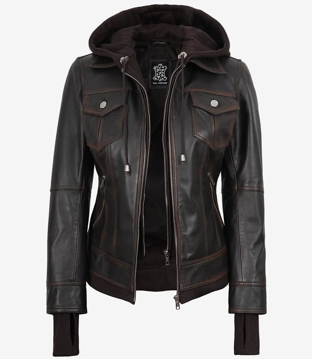 Tralee Blouson Aviateur En Cuir Marron Foncé Pour Femme Avec Capuche
