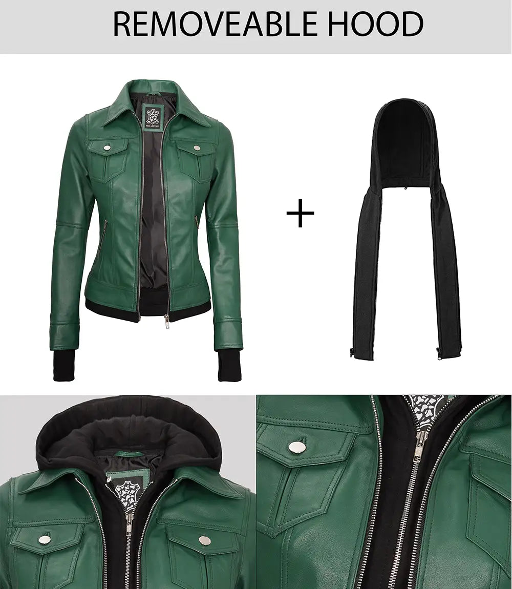 veste en cuir à capuche verte pour femme