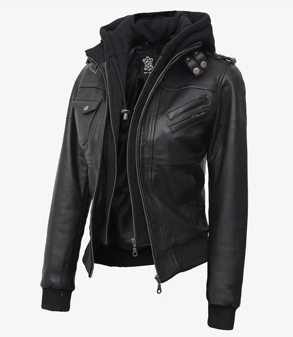 Edinburgh Blouson Aviateur En Cuir Noir Pour Femme Avec Capuche Amovible