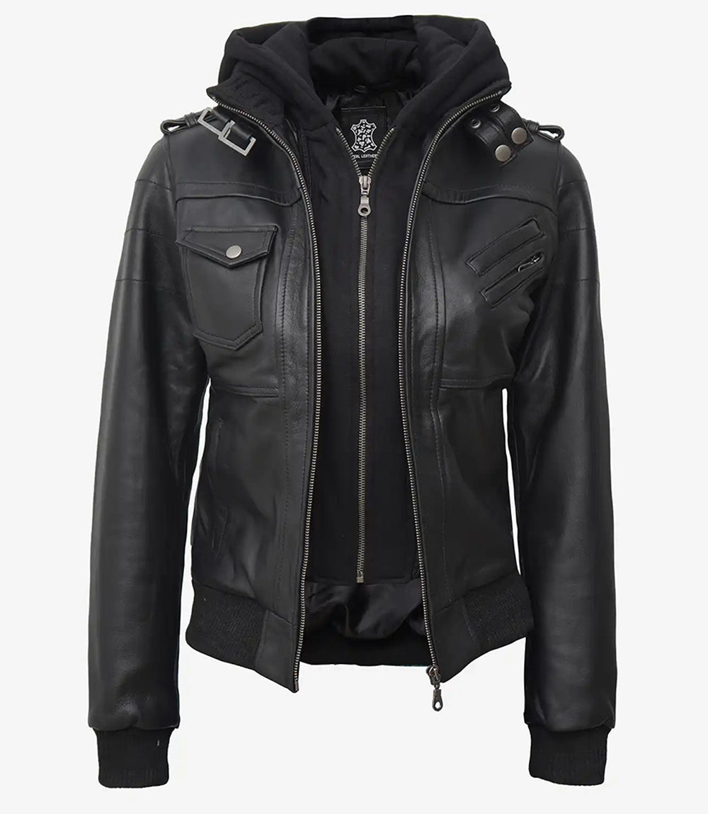 Edinburgh Blouson Aviateur En Cuir Noir Pour Femme Avec Capuche Amovible