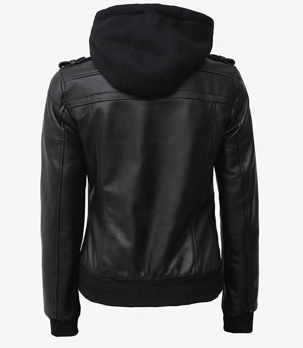 Edinburgh Blouson Aviateur En Cuir Noir Pour Femme Avec Capuche Amovible