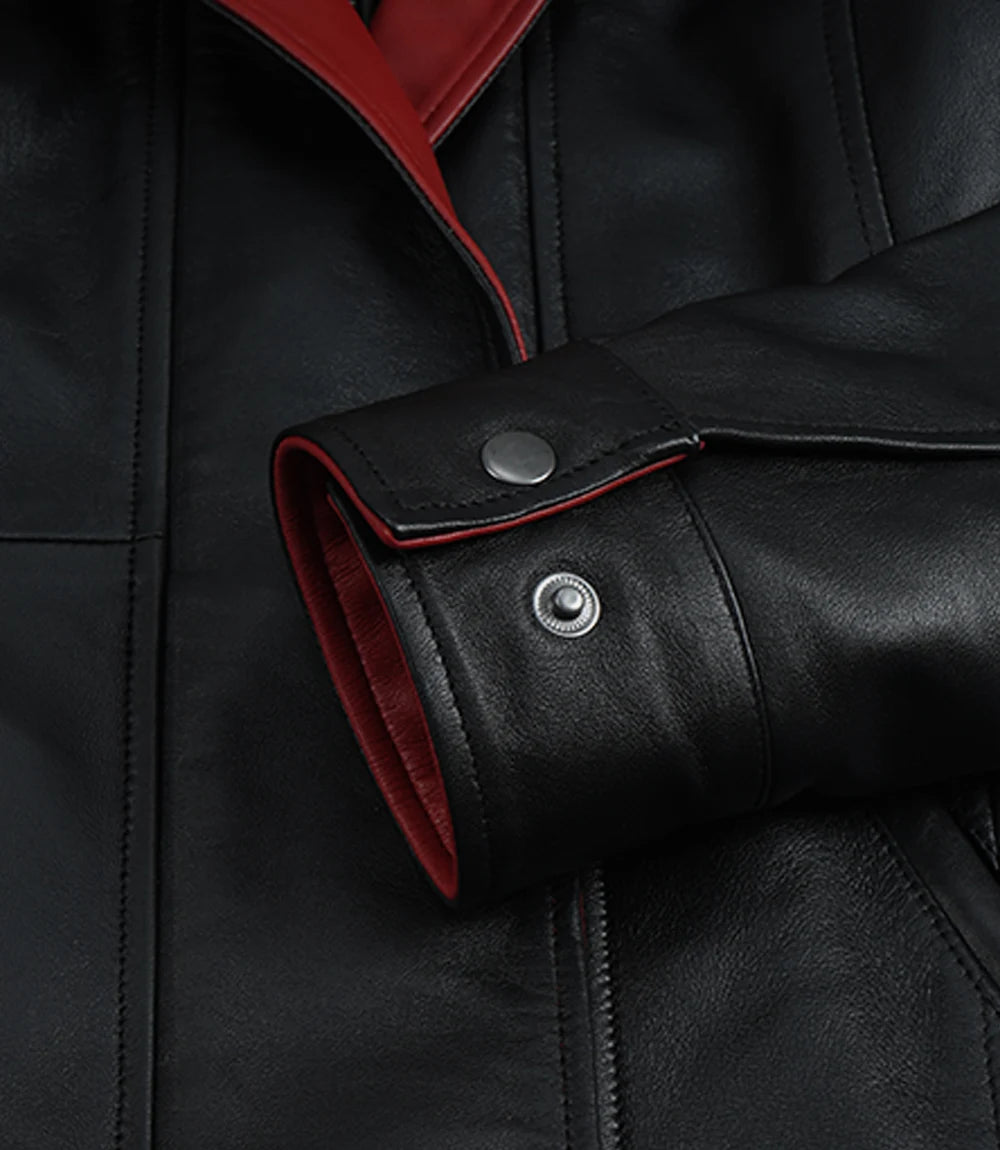 Femmes Noir Cuir Veste avec Rouge Intérieur Revers