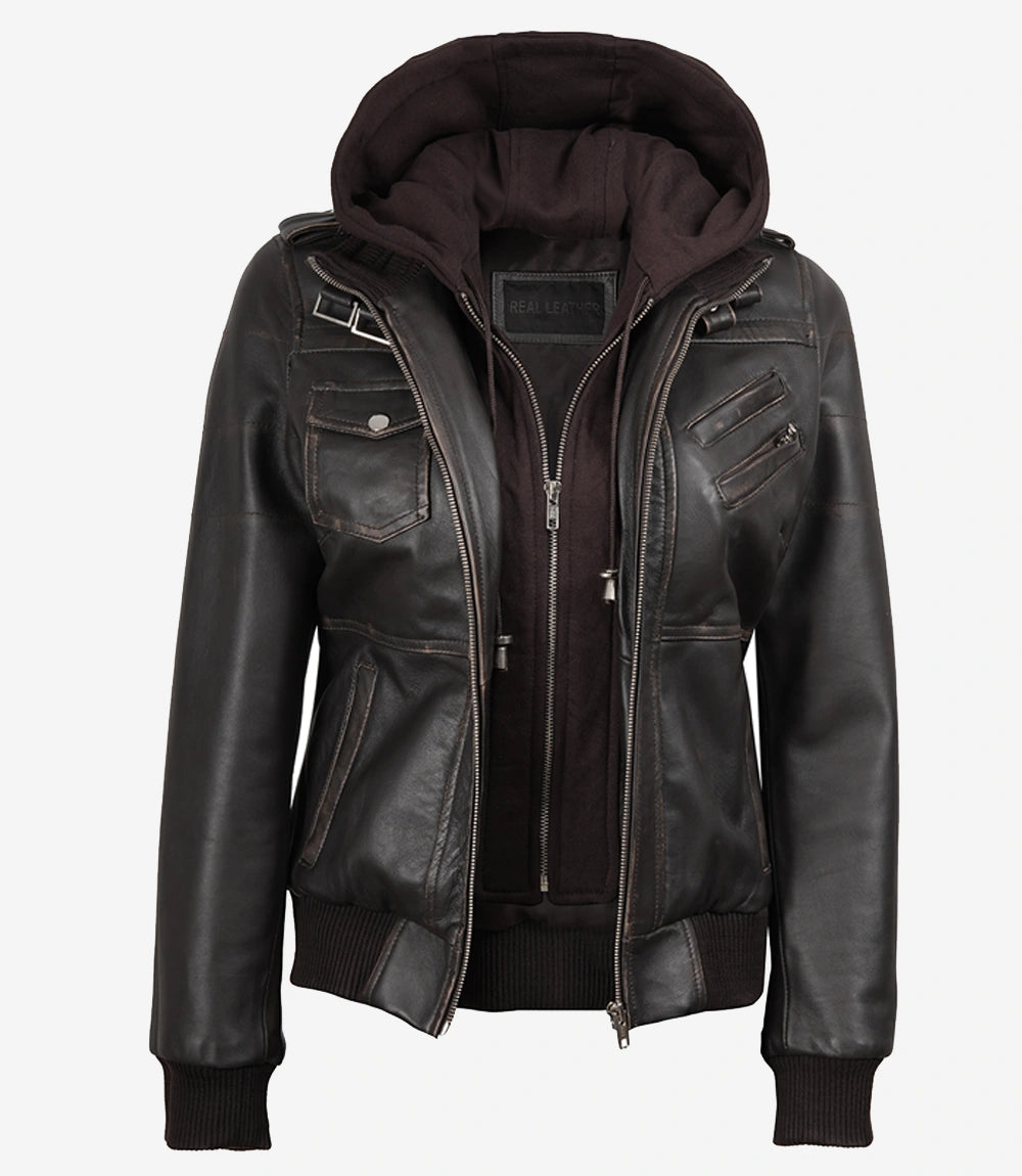 Veste en cuir pour femme avec capuche