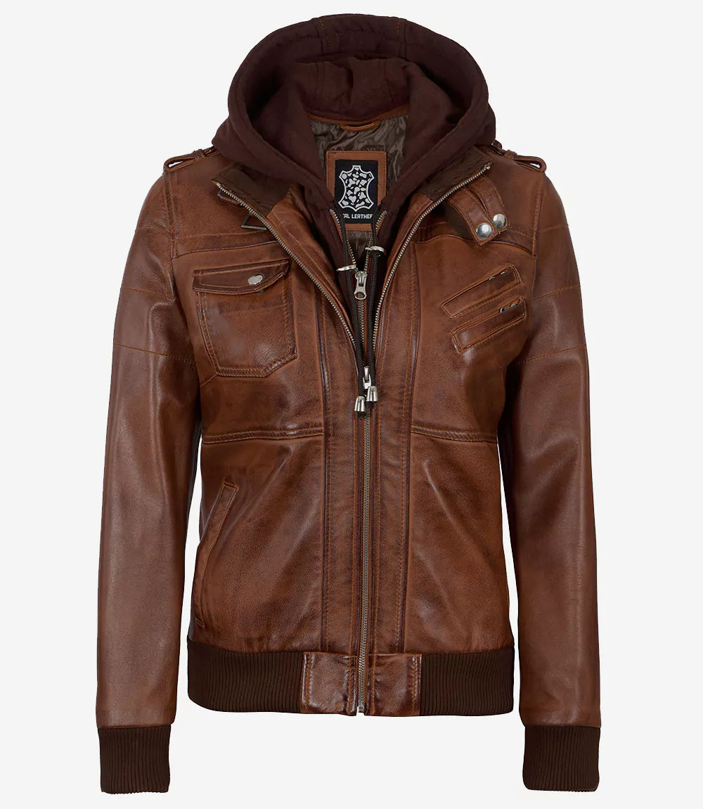 Veste en cuir à capuche pour femme