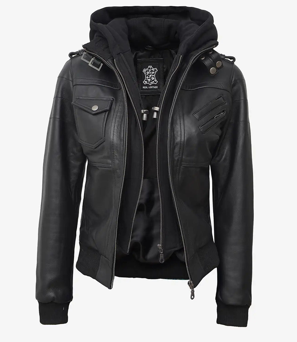 Edinburgh Blouson Aviateur En Cuir Noir Pour Femme Avec Capuche Amovible