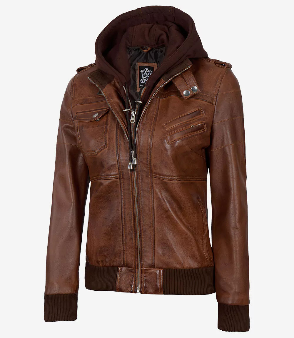 Veste en cuir à capuche pour femme