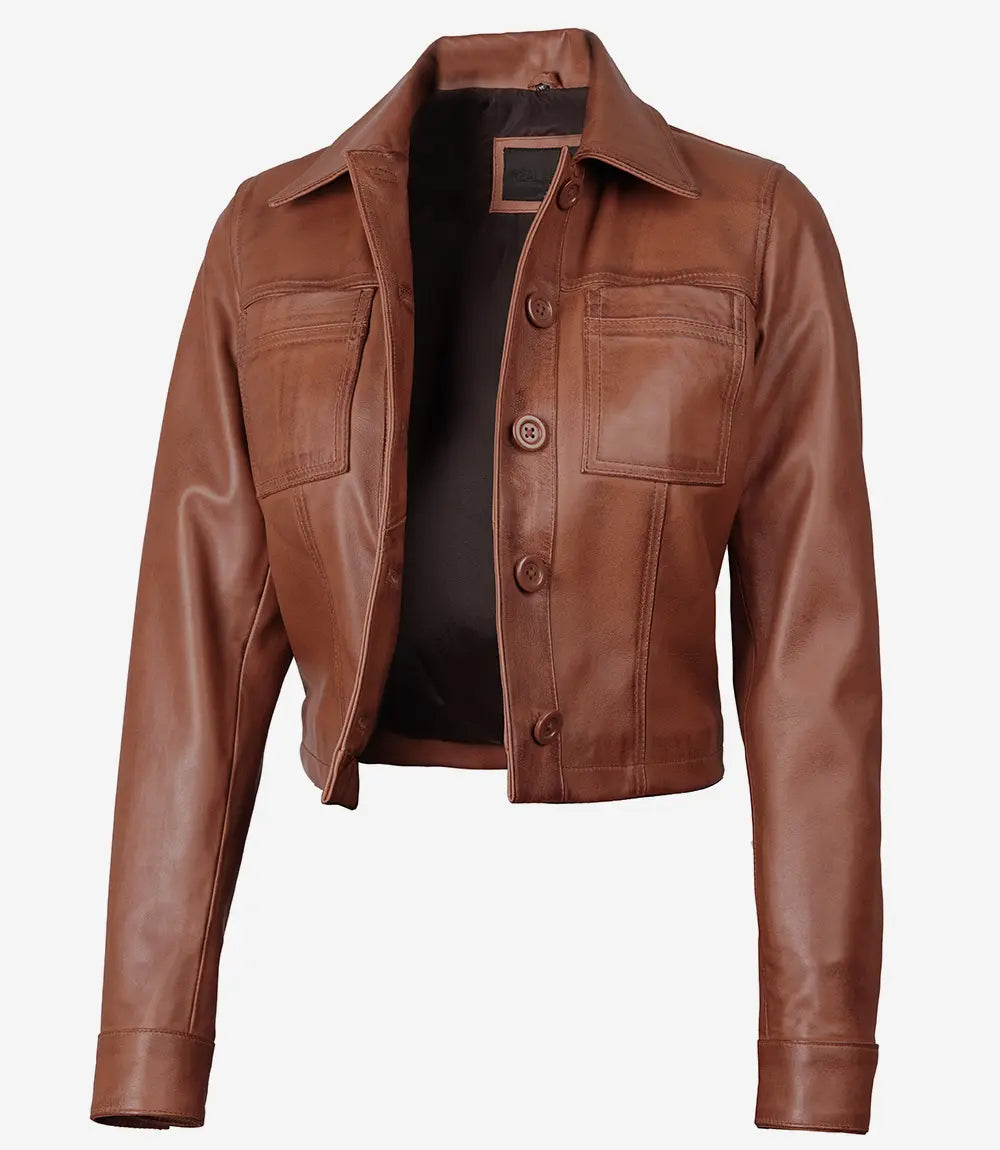 Veste Harrington courte en cuir marron cognac pour femme de Mable