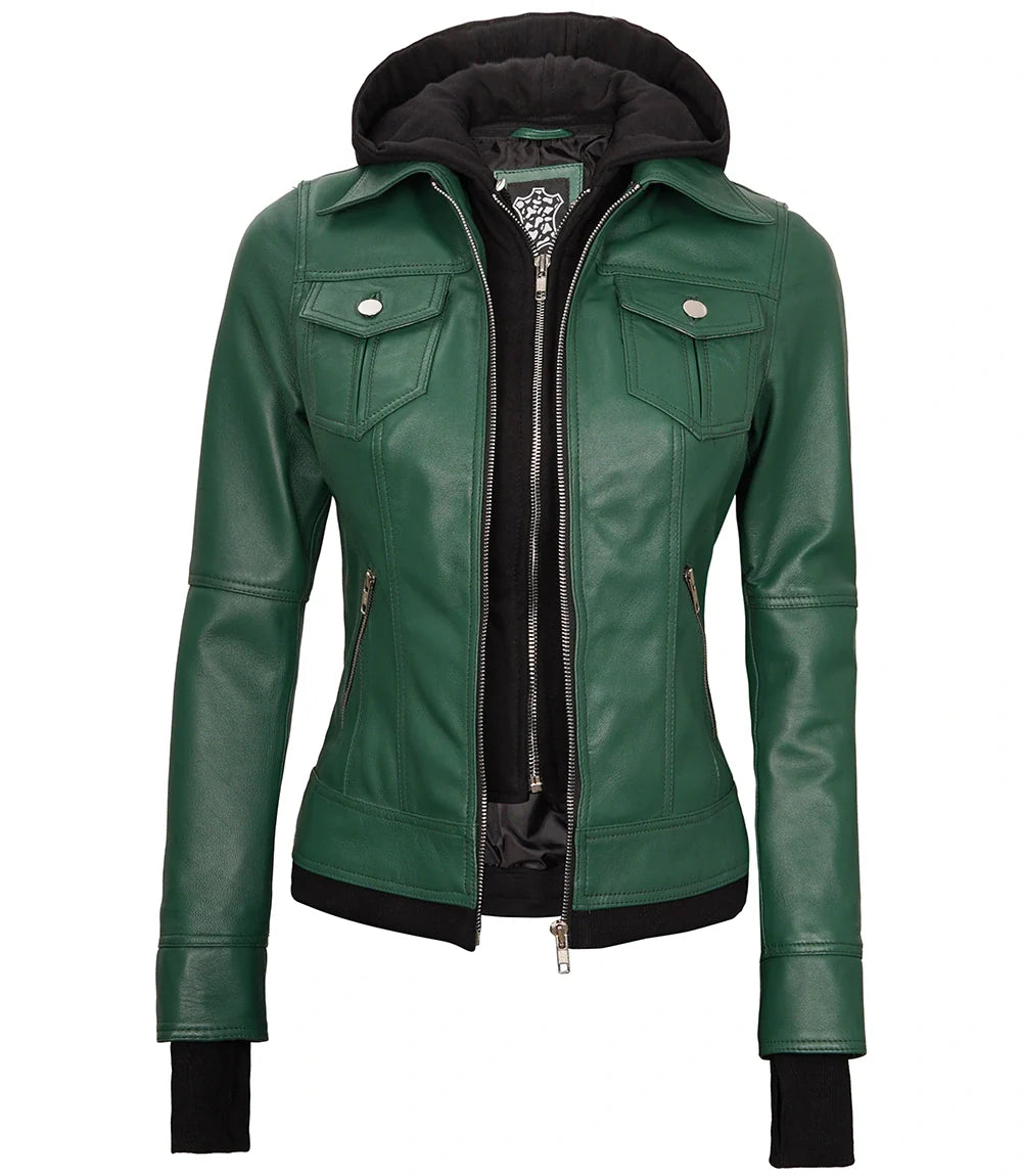 veste en cuir à capuche verte pour femme