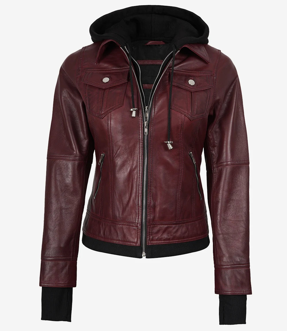 Veste en cuir à capuche pour femme