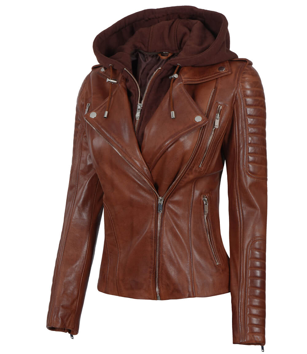 Veste en cuir à capuche cognac femme